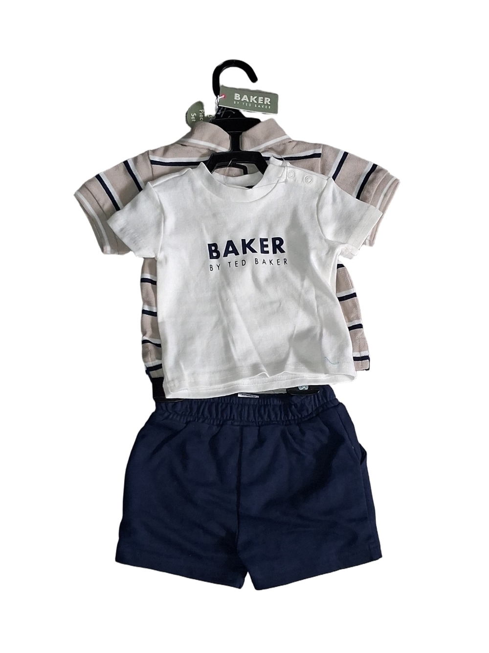Baker by Ted Baker White Graphic Tee, Navy Shorts & Beige Stripe Polo Set